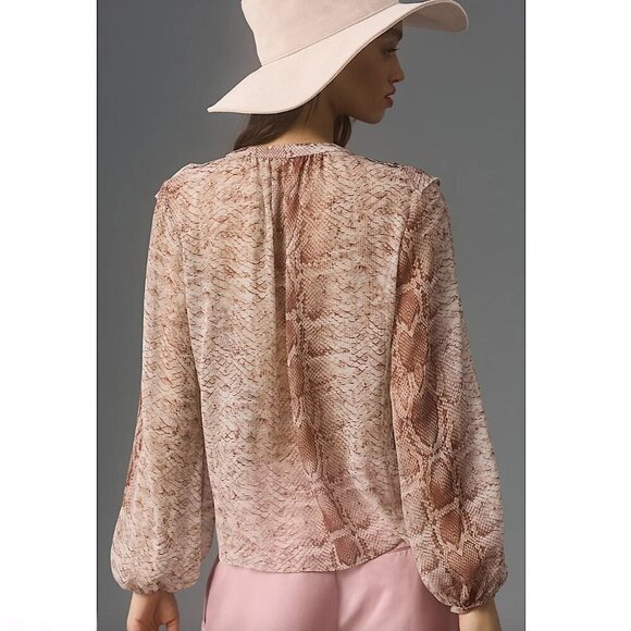 ANTHROPOLOGIE Long Sleeve Ruffled Snakeskin Print Blouse Brown - Picture 2 of 14